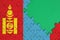 Mongolia flag is depicted on a completed jigsaw puzzle with free green copy space on the right side