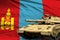 Mongolia modern tank with not real design on the flag background - tank army forces concept, military 3D Illustration
