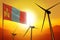Mongolia wind energy, alternative energy environment concept with wind turbines and flag on sunset industrial illustration -