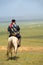 Mongolian Man Horseback Looking Over Steppe