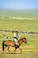 Mongolian Man Riding Horse Steppe Countryside