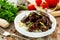 Mongolian meat - beef in sauce with spices