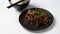 Mongolian meat in sauce with rice. Traditional Asian dish stir-fry