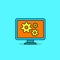 Monitor with gear simple vector illustration on blue background