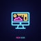 Monitor interface simple luminous neon outline colorful icon on blue background