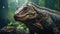 Monitor lizard like Komodo dragon in green forest, head of big wild reptile as ancient dinosaur close-up in jungle. Concept of