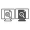 Monitor monoblock with document file and loupe line and solid icon, documents concept, web page vector sign on white