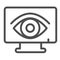 Monitor monoblock, security, eye, observervation line icon, CCTV concept, data safety vector sign on white background