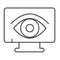 Monitor monoblock, security, eye, observervation thin line icon, CCTV concept, data safety vector sign on white