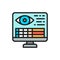 Monitor with patient personal page, medical eye history flat color line icon.