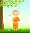 Monk Buddhism stand up vector, on grass with under tree and flower