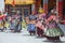 Monk with colored clothes and mask performs Cham dances, ritual dancing at Takthok festival, Ladakh, Lamayuru Gompa, India