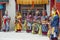 Monk with colored clothes and mask performs Cham dances, ritual dancing at Takthok festival, Ladakh, Lamayuru Gompa, India