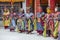 Monk with colored clothes and mask performs Cham dances, ritual dancing at Takthok festival, Ladakh, Lamayuru Gompa, India