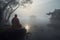 Monk fog sitting lake. Generate Ai