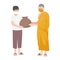 Monk help people by offering Survival bag to poor people and wearing a surgical protective Medical mask