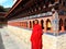 Monk at Lhakhang Karpo White temple in Haa valley located in Paro, Bhutan