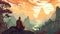 A monk meditating in a serene mountain setting