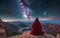 monk in red in mediation on the mountain ,An incredible fantasy world . AI generate