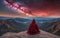 monk in red in mediation on the mountain ,An incredible fantasy world . AI generate