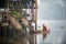 The monk sat on a rowing boat for alms round at a canal in Amphawa in the morning fog