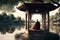 Monk sitting and meditating in gazebo on the nature around, AI Generative