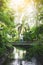 Monkey on chained hanging on treeman walking on bridge across canal under tree,