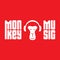 Monkey enjoys the music. Relaxing monkey in headphones. Logo for music studio with original lettering