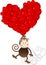 Monkey flying with heart balloons