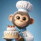 Monkey in the form of a pastry chef holding a cake on solid blue background. ai generative