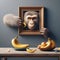Monkey in a frame stealing a banana.