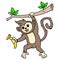 Monkey head emoticon holding a banana hanging from a tree trunk, doodle icon image kawaii