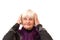 Monkey hear no evil - Older woman on white