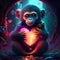 Monkey hugging heart Monkey in a cave with a heart in his hands. Valentine\\\'s Day. AI Generated animal ai