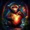 Monkey hugging heart Monkey with a heart in his hands. Valentine\\\'s Day. generative AI animal ai