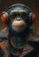 Monkey in leather jacket and sunglasses listening to music on headphones decoration and creative concept