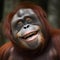 Monkey orangutan laughs smiles, close-up portrait, funny photo