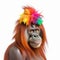 Monkey orangutan with a multi-colored rainbow hayer on his head, close-up portrait on a white