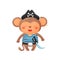 Monkey pirate character in cartoon style, in a blue-white vest, black pirate hat with a saber on a belt.