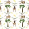 Monkey seamless pattern watercolor illustration set animal parrot bird jungle liana palm banana