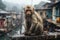 a monkey sits on a ledge overlooking a river