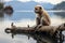 a monkey sits on a log in front of a body of water