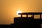 A monkey sitting on the roof of a under construction building at sunset.