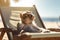 Monkey in sunglasses with cocktail lounging on beach. Generative AI