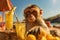 Monkey in sunglasses with cocktail lounging on beach. Generative AI