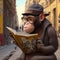 a monkey wearing reading glasses, hat and clothes, is on an urban street, sitting reading a book