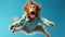 Monkey wearing shirt jumping on the blue background