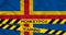 Monkeypox in Aland, Aland Flag with fencing tape with the words warning and monkeypox, Monkeypox infection pandemic