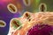 Monkeypox viruses infecting a human cell, 3D illustration