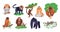 Monkeys breeds. Cartoon animals. Humanoid jungle inhabitants. Different tropical primates. Gorilla and gibbon on tree